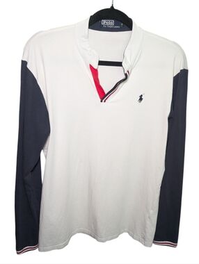 Polo by Ralph Lauren White Long-Sleeve Polo with Navy Sleeves & Red Placket Trim